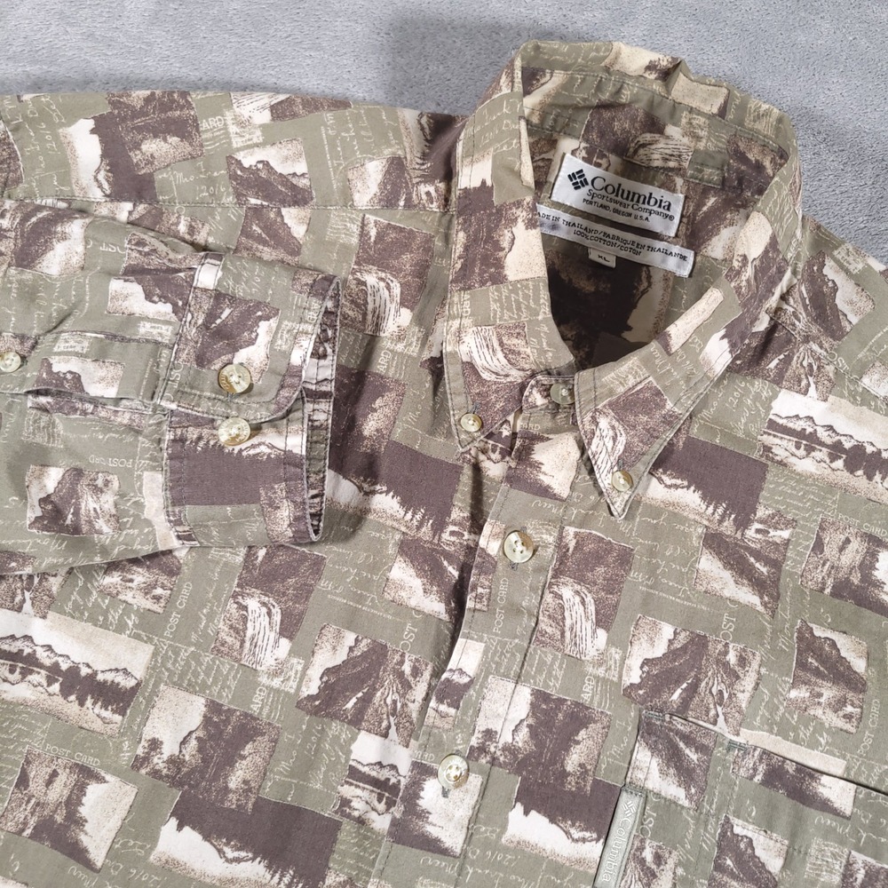 Columbia Shirt Mens XL Green Brown Postcard Landscape Print Long Sleeve AM7706